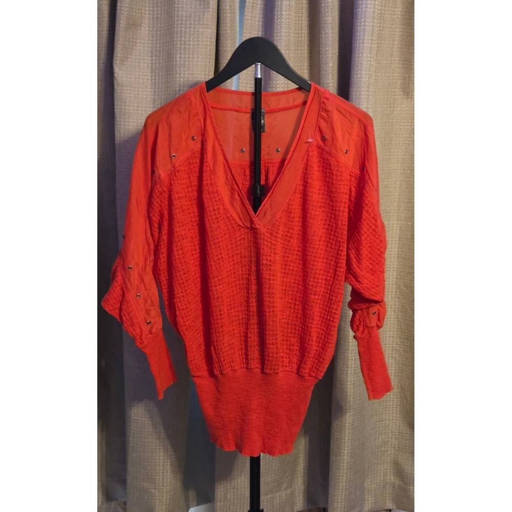 Free People‎ V-Neck Waffle Knit Smocked Sweater Women's Size Small Red